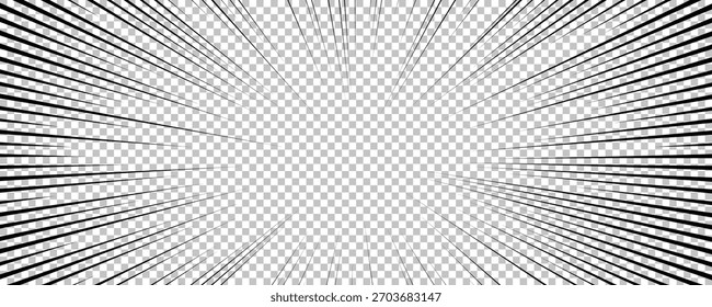 Página de cómic con líneas negras aisladas sobre fondo transparente. Plantilla con textura de efecto de rayos de explosión relámpago. Ilustración vectorial