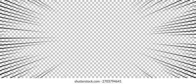 Página de quadrinhos com linhas pretas isoladas no plano de fundo transparente. Modelo com textura de efeito de raios de explosão flash. Ilustração vetorial