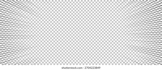 Página de cómic con líneas negras aisladas sobre fondo transparente. Plantilla con textura de efecto de rayos de explosión relámpago. Ilustración vectorial