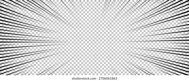 Página de quadrinhos com linhas pretas isoladas no plano de fundo transparente. Modelo com textura de efeito de raios de explosão flash. Ilustração vetorial