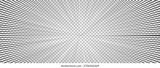 Página de cómic con líneas negras aisladas sobre fondo transparente. Plantilla con textura de efecto de rayos de explosión relámpago. Ilustración vectorial