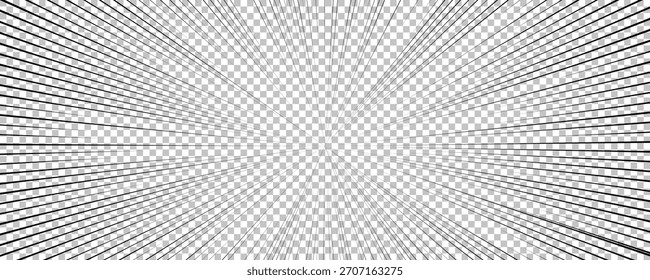 Comic book page with black lines isolated on transparent background. Template with flash explosion rays effect texture. Vector illustration