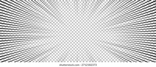 Página de cómic con líneas negras aisladas sobre fondo transparente. Plantilla con textura de efecto de rayos de explosión relámpago. Ilustración vectorial