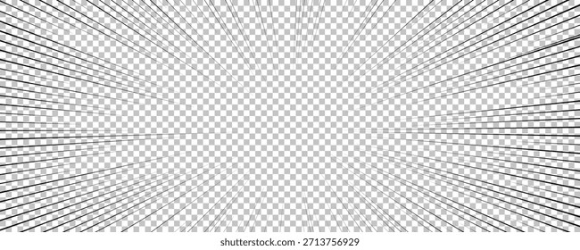 Página de cómic con líneas negras aisladas sobre fondo transparente. Plantilla con textura de efecto de rayos de explosión relámpago. Ilustración vectorial