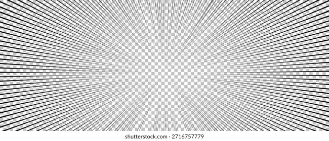 Página de cómic con líneas negras aisladas sobre fondo transparente. Plantilla con textura de efecto de rayos de explosión relámpago. Ilustración vectorial