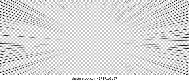 Comicbuchseite mit schwarzen Linien einzeln auf transparentem Hintergrund. Schablone mit Blitzexplosionsstrahlen Effekt Textur. Vektorgrafik