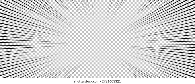 Comic book page with black lines isolated on transparent background. Template with flash explosion rays effect texture. Vector illustration