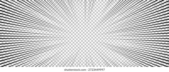 Página de quadrinhos com linhas pretas isoladas no plano de fundo transparente. Modelo com textura de efeito de raios de explosão flash. Ilustração vetorial