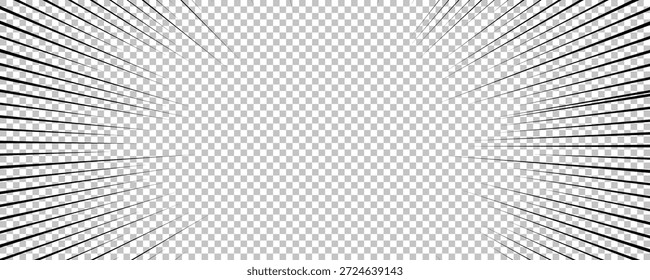 Página de quadrinhos com linhas pretas isoladas no plano de fundo transparente. Modelo com textura de efeito de raios de explosão flash. Ilustração vetorial