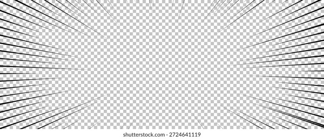 Comic book page with black lines isolated on transparent background. Template with flash explosion rays effect texture. Vector illustration