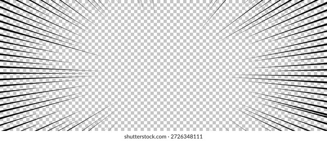 Página de quadrinhos com linhas pretas isoladas no plano de fundo transparente. Modelo com textura de efeito de raios de explosão flash. Ilustração vetorial