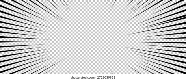 Comic book page with black lines isolated on transparent background. Template with flash explosion rays effect texture. Vector illustration