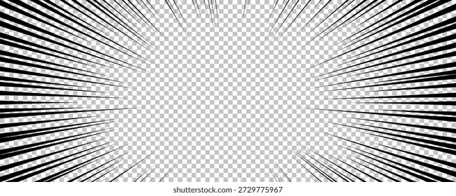 Página de cómic con líneas negras aisladas sobre fondo transparente. Plantilla con textura de efecto de rayos de explosión relámpago. Ilustración vectorial