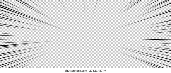 Comic book page with black lines isolated on transparent background. Template with flash explosion rays effect texture. Vector illustration