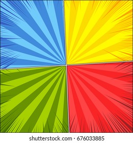Comic book page blank background with rays and effects in red, green, yellow, blue colors. Vector illustration