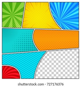 Comic book page blank background with rays, radial, dotted, halftone effects, slanted lines. Vector illustration