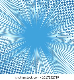 Comic book page blank explosive template with white rays and halftone effects on blue background. Vector illustration