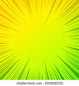 Comic book page blank template with slanted lines and rays effects in yellow and green colors. Vector illustration