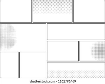 Comic book page blank template with halftone effects on white backgrounds in manga style. Vector illustration