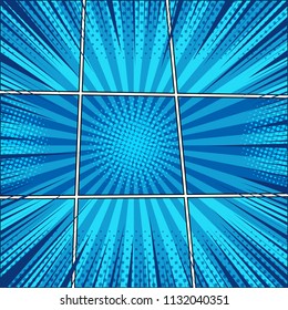 Comic book page blue background with nine frames radial halftone and rays humor effects. Vector illustration