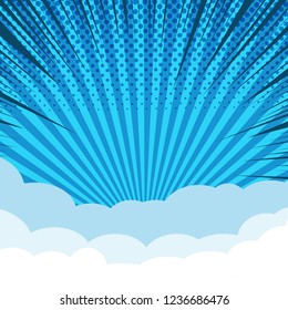 Comic book page blue concept with clouds rays radial and halftone effects. Vector illustration