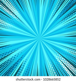 Comic book page blue template with radial halftone and rays humor effects. Vector illustration