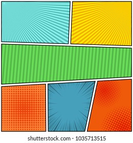 Comic book page bright background with halftone rays radial striped effects in different colors in pop-art style. Vector illustration