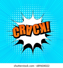 Comic book page bright background with orange light Crack word, white speech bubble, halftone effects and rays. Vector illustration