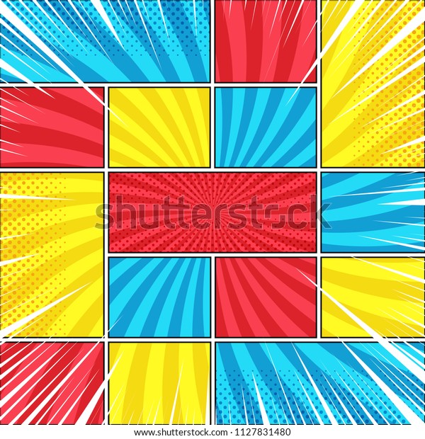 Comic book\
page bright background with radial halftone rays humor effects in\
red yellow blue colors. Vector\
illustration