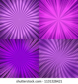 Comic book page bright backgrounds collection with dotted rays radial halftone effects in purple colors. Vector illustration