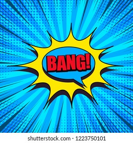 Comic book page bright blue template with red Bang inscription colorful speech bubbles dotted and rays effects on radial background. Vector illustration