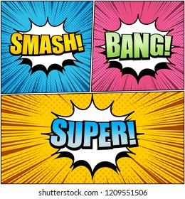 Comic book page bright composition with white speech bubbles Smash Bang Super wordings rays halftone effects. Vector illustration