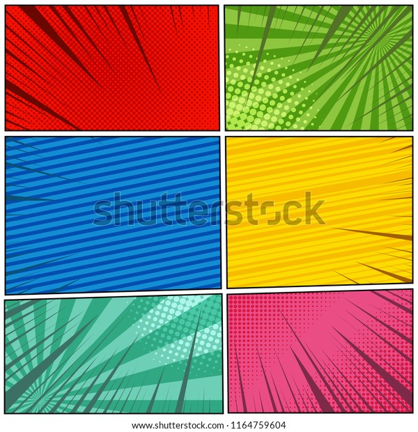 Comic book page bright composition with\
slanted lines halftone radial and rays humor effects in different\
colors. Vector\
illustration