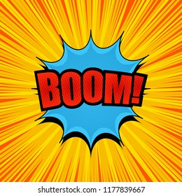 Comic book page bright concept with red Boom wording blue speech bubble rays radial and halftone effects. Vector illustration