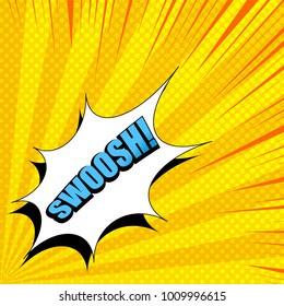 Comic book page bright template with blue Swoosh inscription, white speech bubble, rays and halftone effects on orange radial background in pop art style. Vector illustration