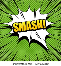 Comic book page bright template with yellow Smash wording white blot dotted and rays effects on green background. Vector illustration