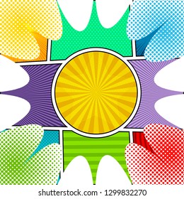 Comic book page bright template with cut out of paper speech bubble shape and different humor effects and rays. Vector illustration