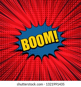 Comic book page bright template with Boom wording blue speech bubble radial halftone and rays effects on red background. Vector illustration