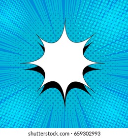 Comic book page bright template with blank white speech bubble, rays and halftone effects on turquoise background. Vector illustration