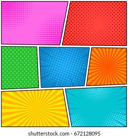 Comic book page bright template with different colors and effects in pop art style. Vector illustration