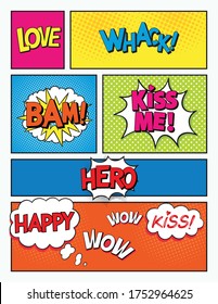 Comic book page. Comic Bubbles Set. Strip background with different colorful panels. Comic sound effect speech bubble