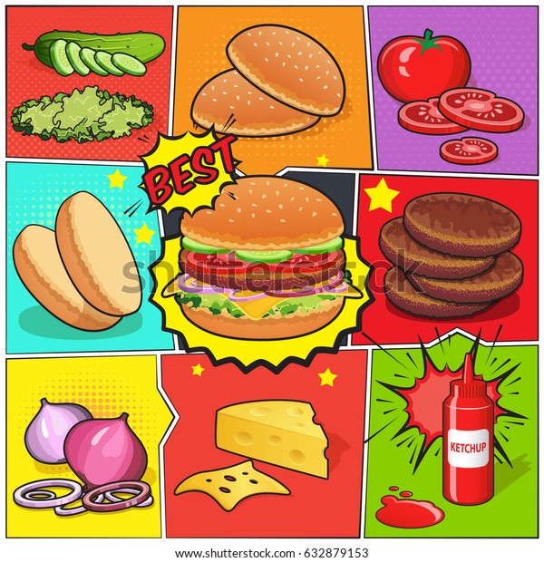 Comic book page with burger and ingredients including\
cutlets vegetables ketchup on divided colorful background vector\
illustration  