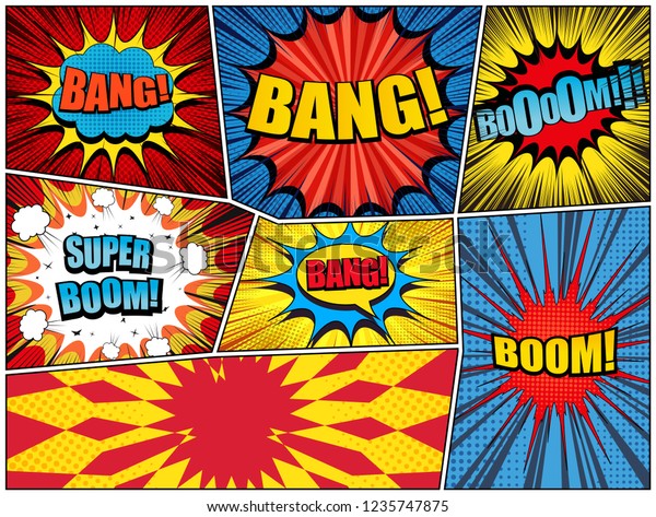 Comic book\
page burst background with colorful explosive speech bubbles clouds\
Bang Boom inscriptions sound halftone rays and radial effects in\
bright colors. Vector\
illustration