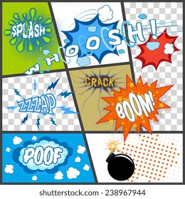 Comic book page with cartoon bomb abstract sounds speech bubbles vector illustration