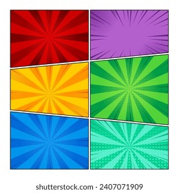 Comic book page. Cartoon frame with halftone texture, radial ray effects. Template magazine page in pop art style. Colorful empty comical book background. Divided bright backdrop. Vector illustration