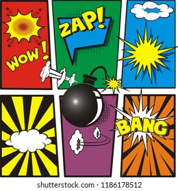 comic book page color background with bomb explosion