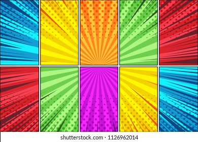Comic book page colorful background with halftone radial and rays humor effects. Vector illustration