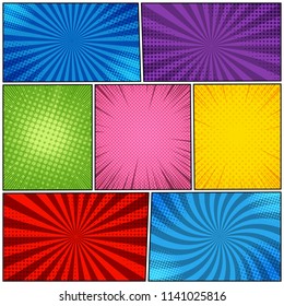 Comic book page colorful background with halftone radial and rays humor effects. Vector illustration
