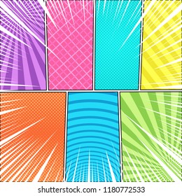 Comic book page colorful background with halftone radial striped circles grid and white explosive rays humor effects. Vector illustration
