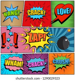 Comic book page colorful background with speech bubbles different wordings lightnings sound exclamation points bomb halftone striped rays and radial effects. Vector illustration